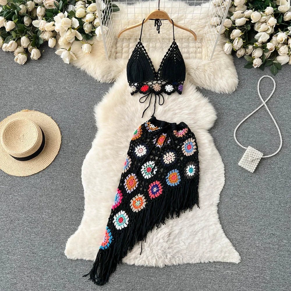 2026Women's Summer Bohemian Style Holiday knitted Set Tassel Halter Top WithSkirt Set Knitted Skirt Suit Two Piece Set for Women - MAGUSTA BEAUTY