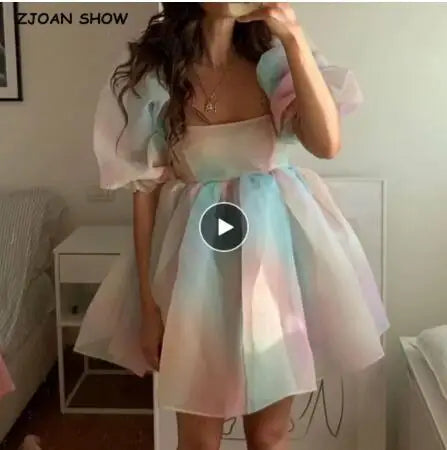 2024 Süßes grünes Vichy-Karo Organza Ballkleid Puffärmel Retro Damen Swing Kurzes Prinzessinnenkleid Feen Torten Vestidos