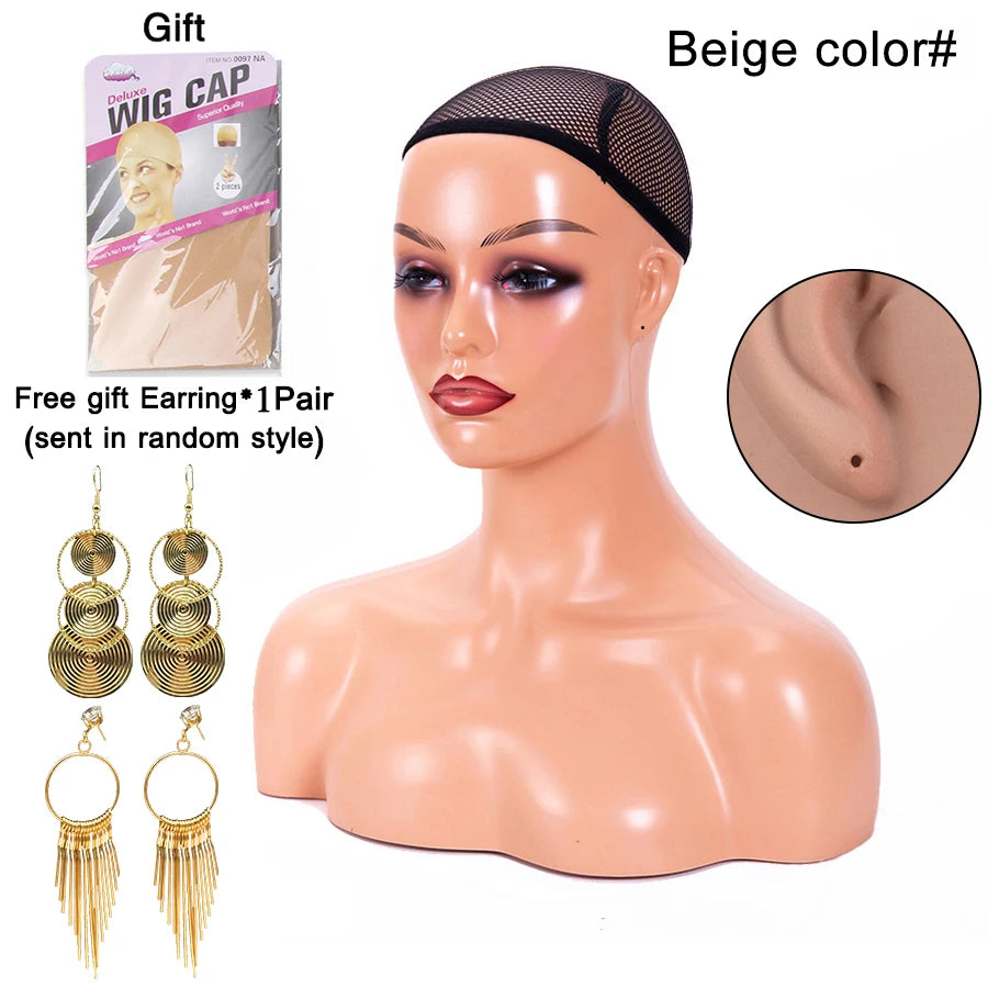Weibliche Schaufensterpuppenkopf mit Schulter Mannequin Kopf Büste Perückenkopf Ständer mit Make-up für Perücken Präsentation Halskette Kostenlose Ohrringe, Perückenkappe