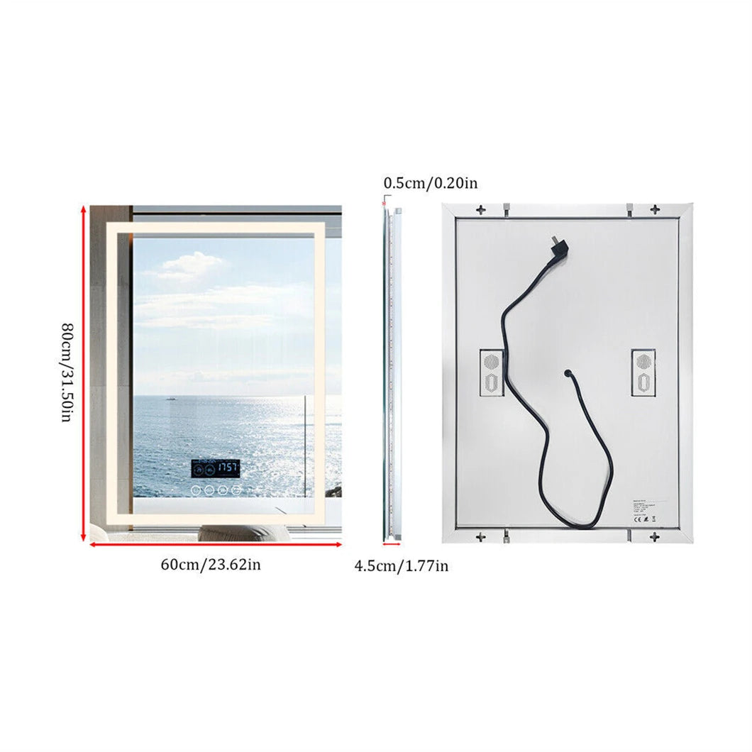 Intelligenter LED-Badezimmerspiegel, rechteckiger Wandspiegel mit Bluetooth-Lautsprecher, Uhrzeit, Temperatur, Lichtspeicher, Front- und Hintergrundbeleuchtung, Antibeschlag