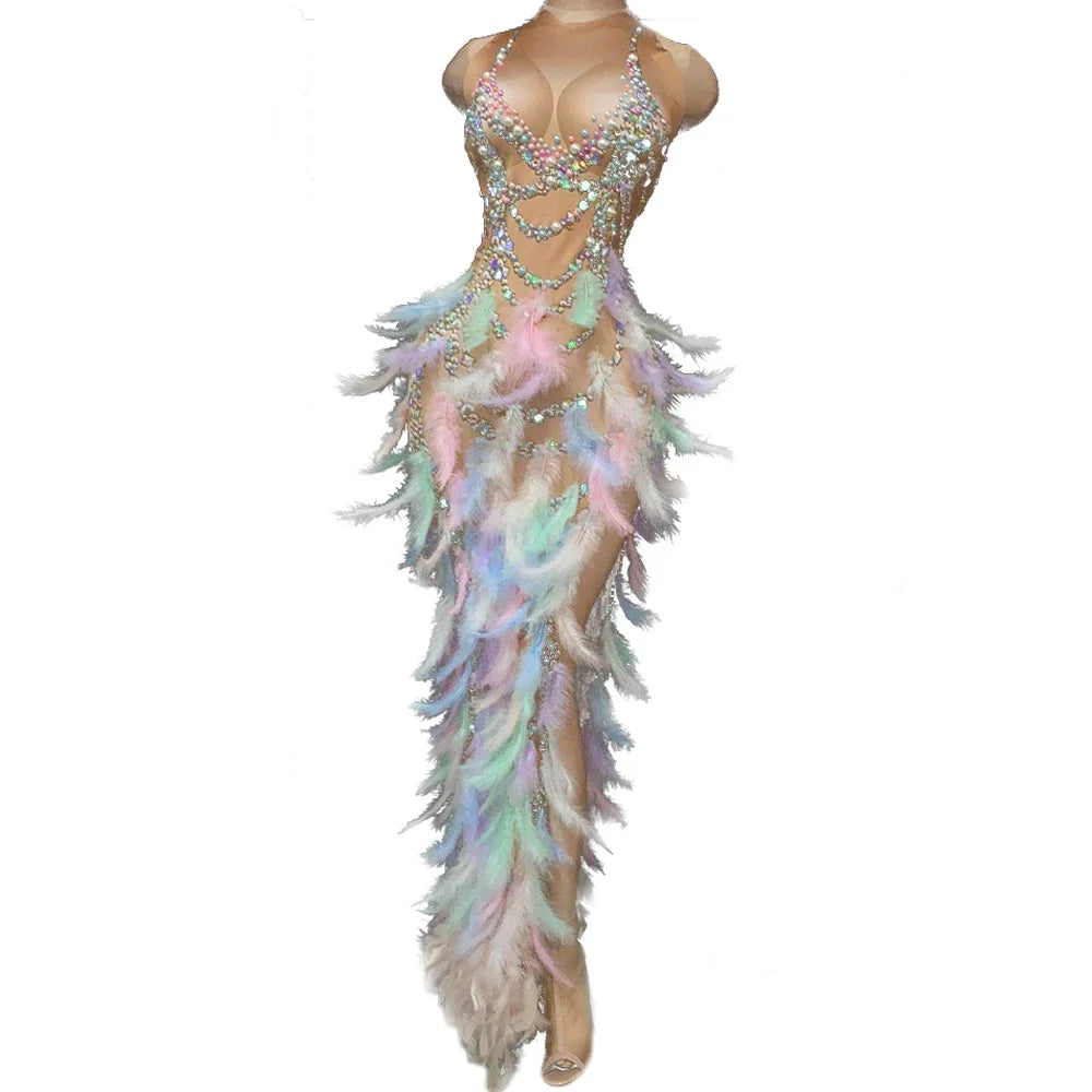 Nightclub Party Celebration Sexy Feather Rhinestone Dress Women Elastic Sleeveless Prom High Slit Dress Stage Performance Outfit