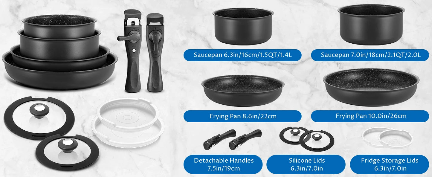 Induktions-Kochgeschirr-Set, 10-teilig, Antihaft-Topf- und Pfannen-Set mit abnehmbaren Griffen, für alle Herdarten, stapelbares Design, spülmaschinenfest/
