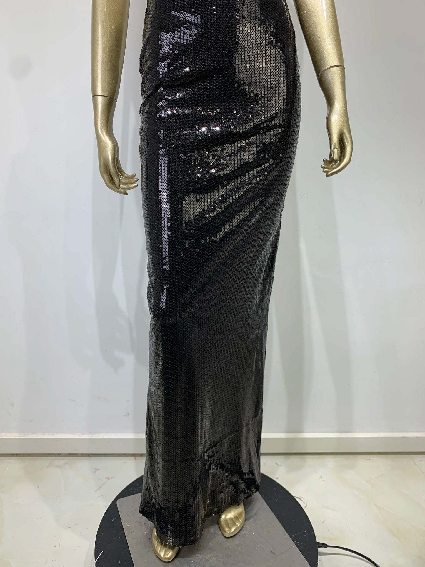 Damen Sommer Luxus Sexy Rückenfreies Neckholder Schwarzes Mesh Pailletten Maxi Langes Abendkleid Elegantes Celebrity Party Club Kleid