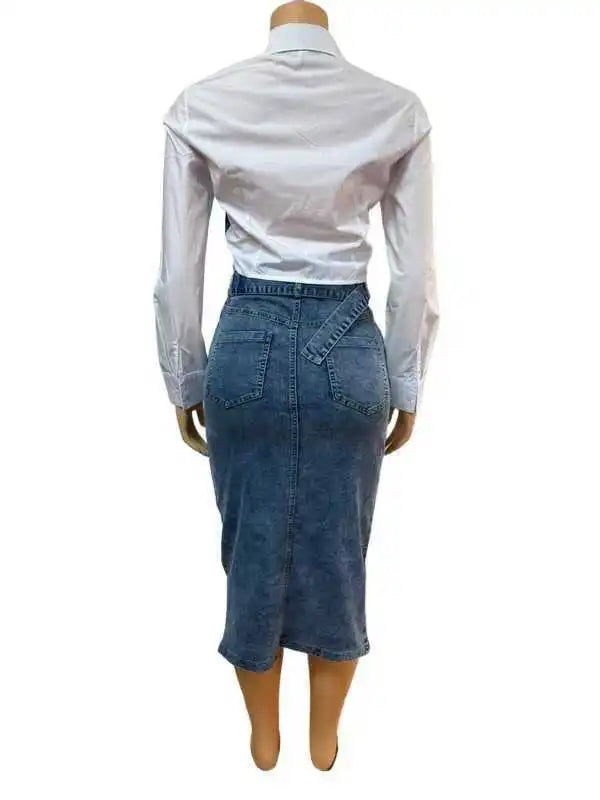 Jeansrock-Anzug für Damen, zweiteilige Sets, Hemd, Patchwork, Umlegekragen, Gürtel, Taschen, Overshirt, gerader Rock, Used-Looks