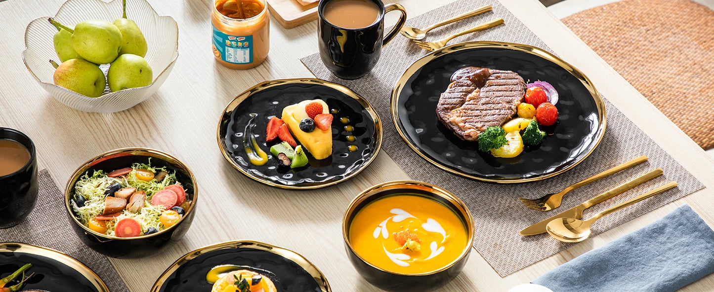 LOVECASA 16/32-teiliges Geschirrset aus schwarzem Porzellan mit Goldrand, Dessertteller, Speiseteller, Tasse, Schale