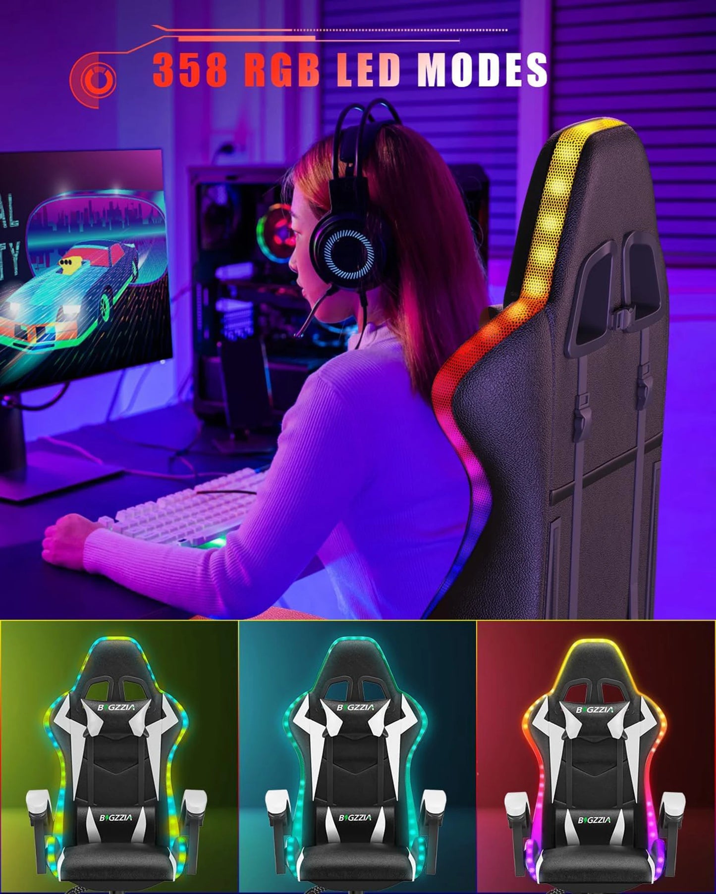 RGB Gaming-Stuhl mit LED-Beleuchtung, ergonomischer Computerstuhl, neigbar, PU-Leder, hohe Rückenlehne, Videospielstuhl, verstellbare Lordosenstütze