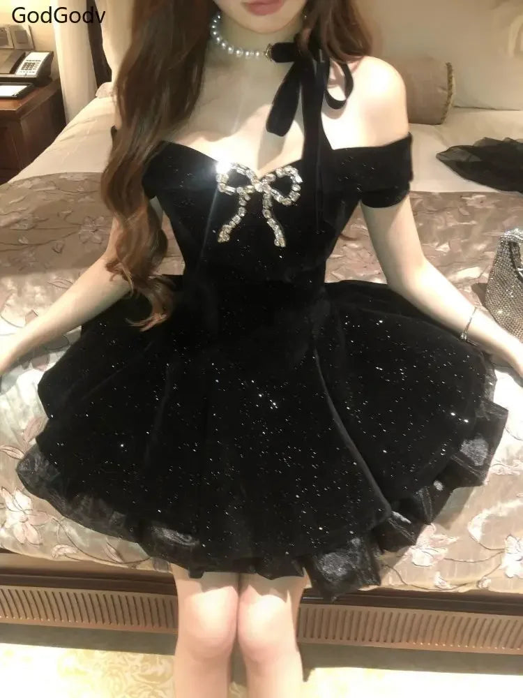 Schwarzes französisches Vintage elegantes Design Damenkleid Gothic schulterfrei Retro Minikleid weiblich Märchen Geburtstagsparty schicke Outfits