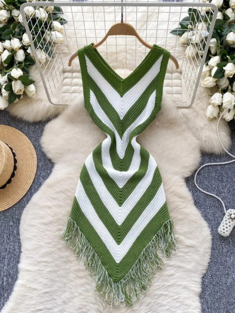 Joskaa 2025 Women's Striped Patchwork Knitted V-Neck Sleeveless Bodycon Asymmetric Fringe Hem Dress Holiday Beach Streetwear
