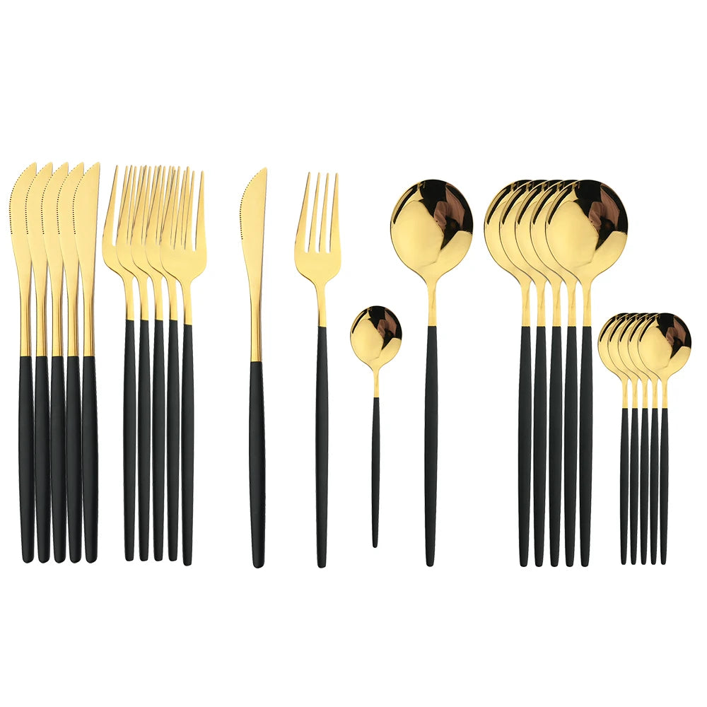 24-teiliges goldenes Besteckset mit schwarzem Griff, Edelstahl Messer Gabel Löffel Geschirr Festliches Küchen-Essgeschirr-Geschenk