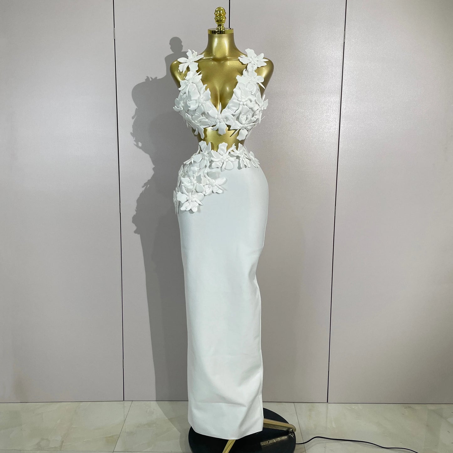 Women Sexy White Flowers V-Neck Tops Bodycon Long Dress Two Pieces Set Eveing Party Prom Gown Nightclub Celebrate Birthday Dress
