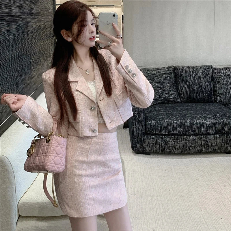 Elegant Fashion Pink Tweed Suit Women's Autumn 2023 Y2k High Quality Blazer Coat+Bag Hip Skirt Commuting Two-Piece Set