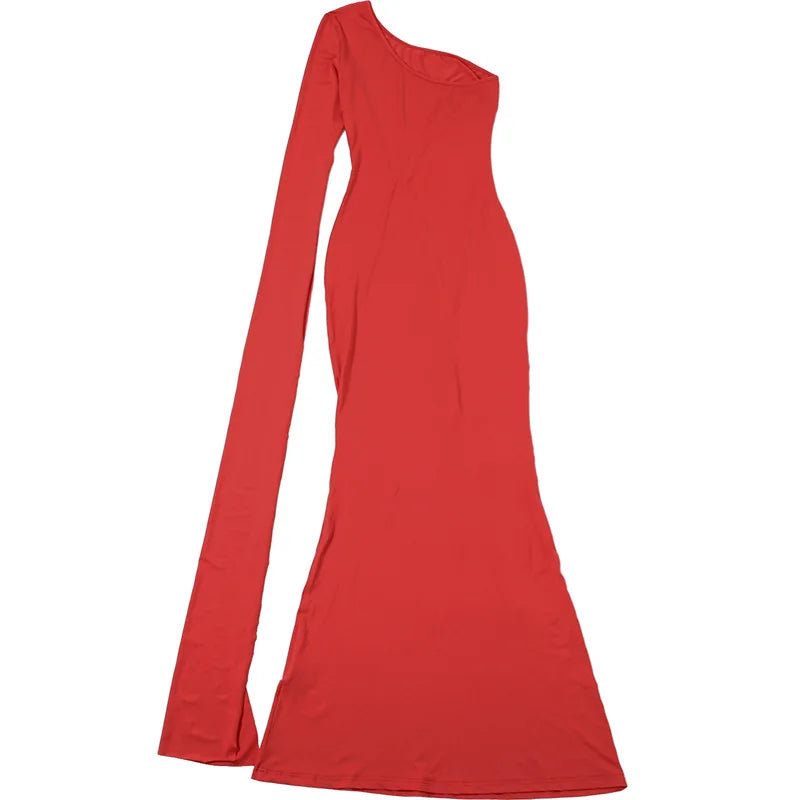 DSMTRC Solid Trend Incline Schulterverlängertes Einärmeliges Hohl-Maxikleid für Damen Sexy Elegante Vestidos Abendmode