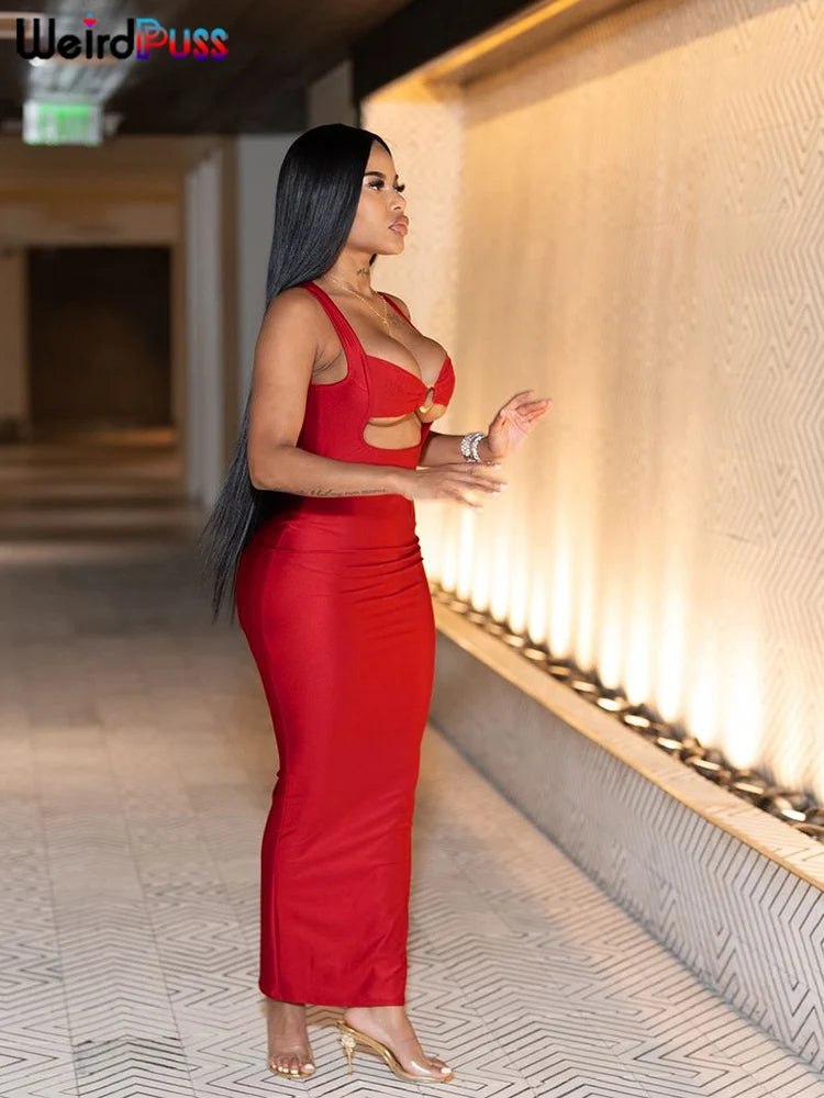 Abnormale Muschi Sexy Partykleid Frauen Ringverschluss Schickes, Hohles, Rückenloses, Ärmelloses, Tief ausgeschnittenes Geburtstagsparty Rave Bodycon Vestidos
