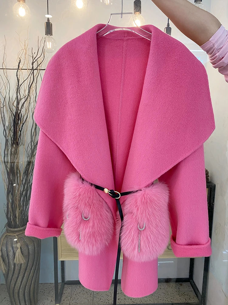2024 New Winter Real Natural Fox Fur Pocket Coat Ladies Outwear Female Coat Cashmere Wool Woolen Women Luxury Jacket