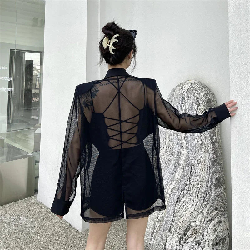 Fashion Hollow Out Mesh Patchwork Blazer für Damen Y2K Korean Chic Netz Langarm Lockerer Schwarzer Mantel Gothic Casual Anzugjacke