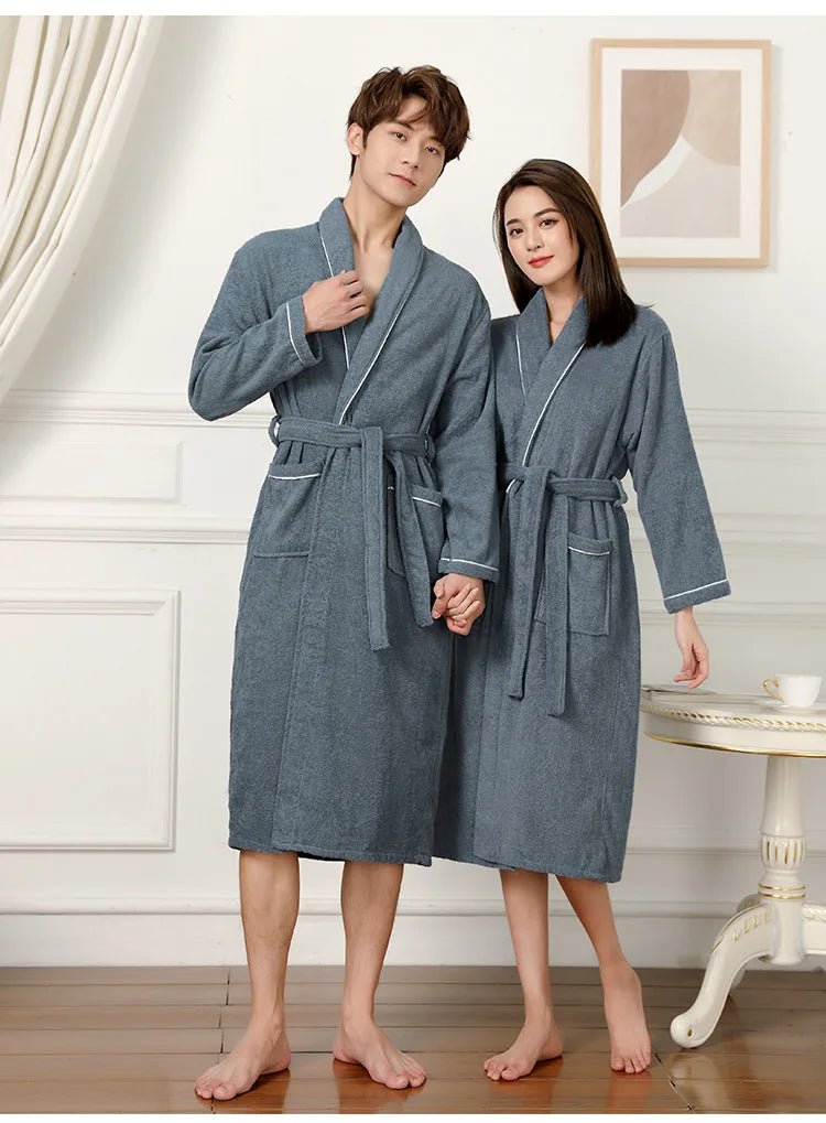 100% Cotton Couples Long Thick Absorbent Terry Bath Robe Kimono Men Light Weight Towel Bathrobe Sleepwear Women Hotel Gown Robes - MAGUSTA BEAUTY