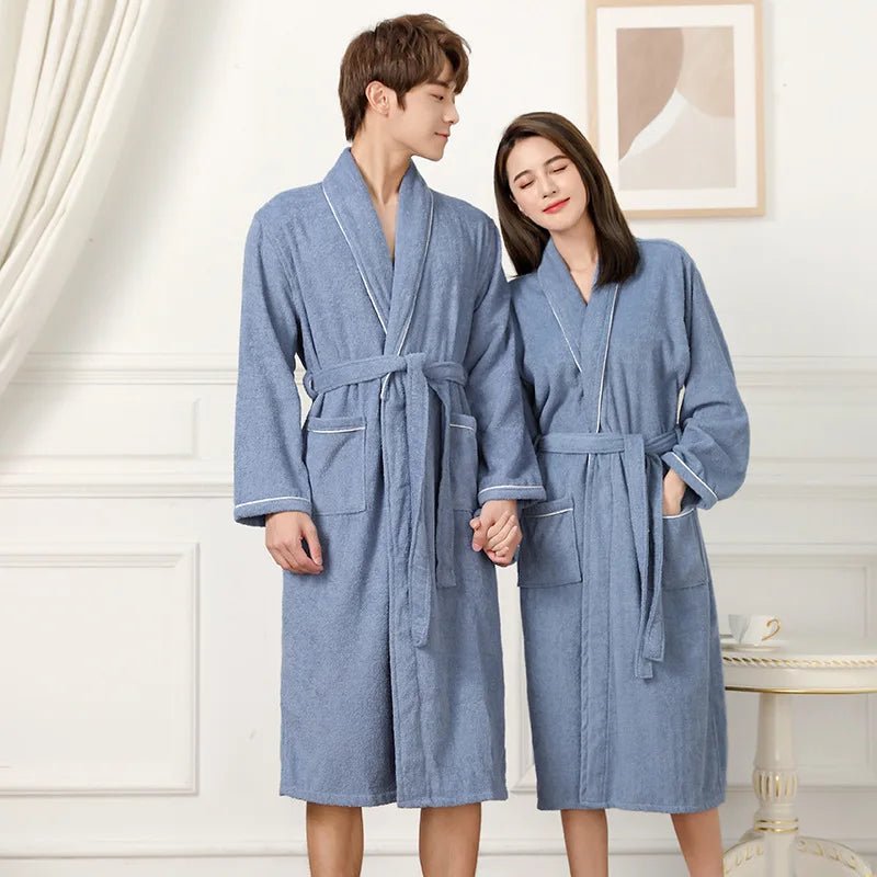 100% Cotton Couples Long Thick Absorbent Terry Bath Robe Kimono Men Light Weight Towel Bathrobe Sleepwear Women Hotel Gown Robes - MAGUSTA BEAUTY