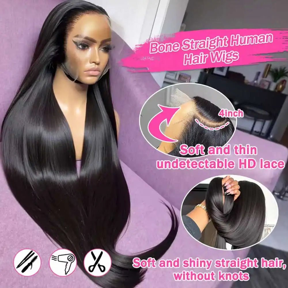 13x4 Bone Straight Human Hair Wigs 13x6 Hd Lace Frontal 42 Inch Straight Transparent Lace 250 Density Human Hair Wig For Women - MAGUSTA BEAUTY