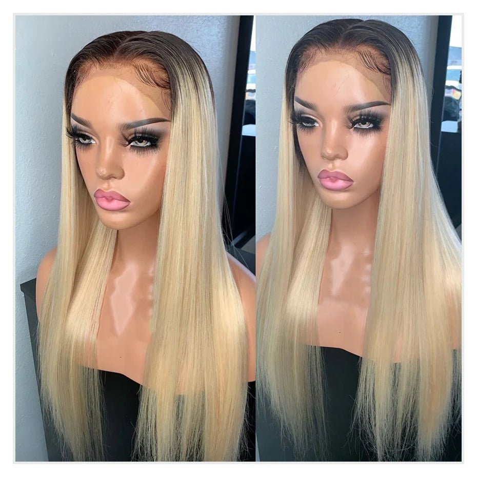 13x6 Lace Frontal Wig Brazilian Straight Human Hair Wig 2 Tone Dark Root 1B 613 Ombre Blonde Lace Front Wigs For Black Women 40" - MAGUSTA BEAUTY