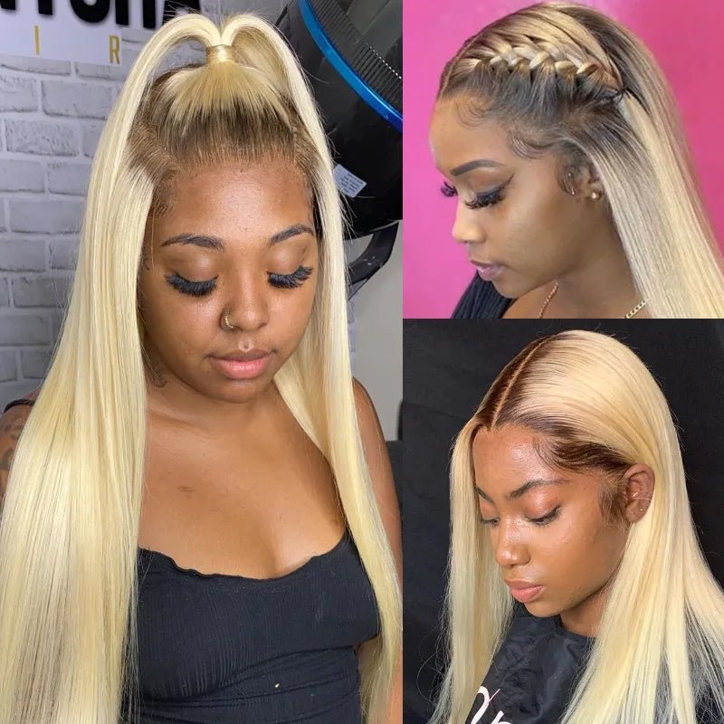 13x6 Lace Frontal Wig Brazilian Straight Human Hair Wig 2 Tone Dark Root 1B 613 Ombre Blonde Lace Front Wigs For Black Women 40" - MAGUSTA BEAUTY