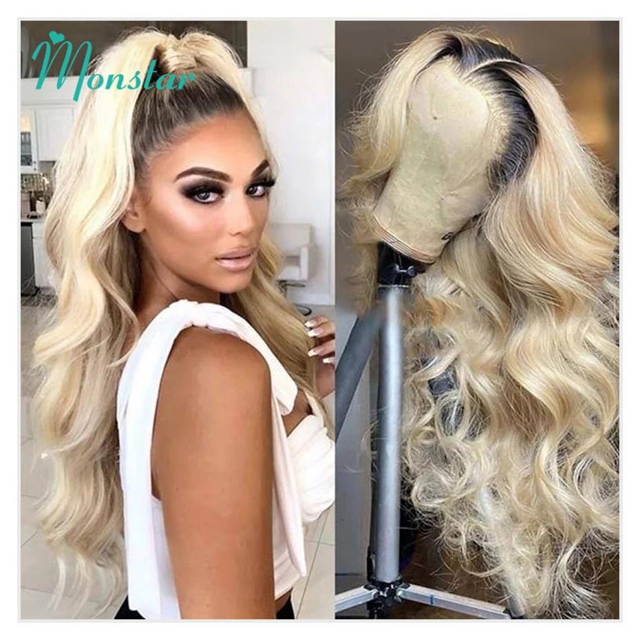 13x6 Lace Frontal Wig Brazilian Straight Human Hair Wig 2 Tone Dark Root 1B 613 Ombre Blonde Lace Front Wigs For Black Women 40" - MAGUSTA BEAUTY