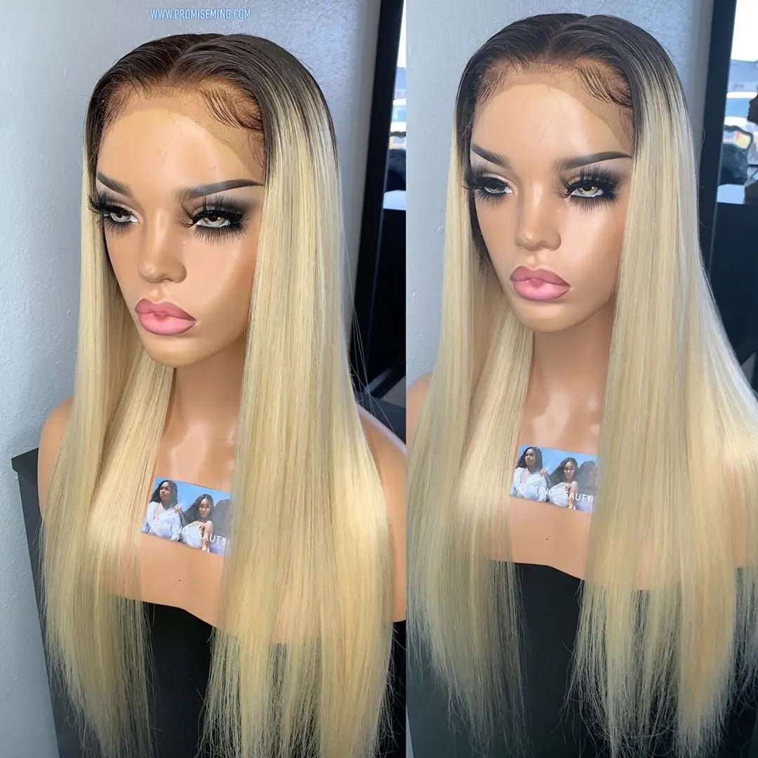 13x6 Lace Frontal Wig Brazilian Straight Human Hair Wig 2 Tone Dark Root 1B 613 Ombre Blonde Lace Front Wigs For Black Women 40" - MAGUSTA BEAUTY