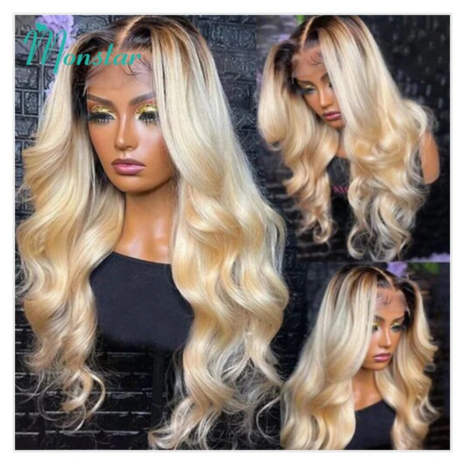 13x6 Lace Frontal Wig Brazilian Straight Human Hair Wig 2 Tone Dark Root 1B 613 Ombre Blonde Lace Front Wigs For Black Women 40" - MAGUSTA BEAUTY