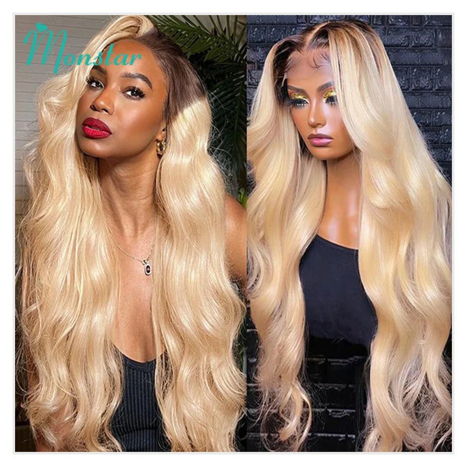 13x6 Lace Frontal Wig Brazilian Straight Human Hair Wig 2 Tone Dark Root 1B 613 Ombre Blonde Lace Front Wigs For Black Women 40" - MAGUSTA BEAUTY