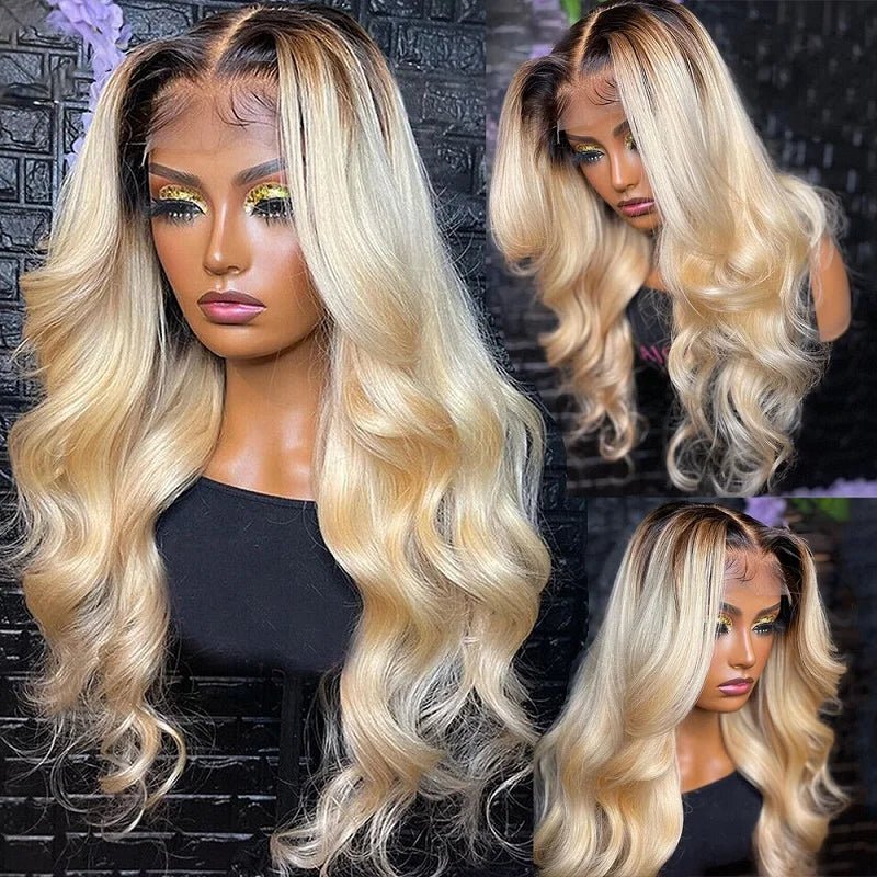 13x6 Lace Frontal Wig Brazilian Straight Human Hair Wig 2 Tone Dark Root 1B 613 Ombre Blonde Lace Front Wigs For Black Women 40" - MAGUSTA BEAUTY