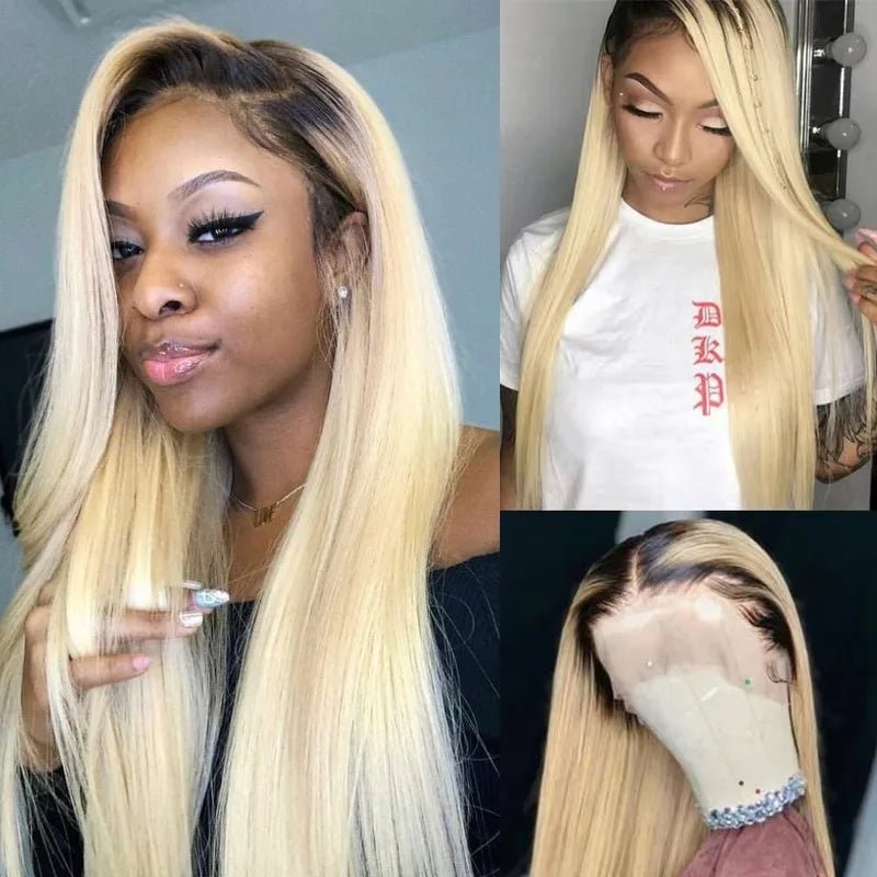 13x6 Lace Frontal Wig Brazilian Straight Human Hair Wig 2 Tone Dark Root 1B 613 Ombre Blonde Lace Front Wigs For Black Women 40" - MAGUSTA BEAUTY