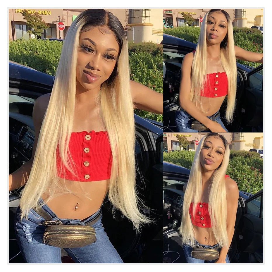 13x6 Lace Frontal Wig Brazilian Straight Human Hair Wig 2 Tone Dark Root 1B 613 Ombre Blonde Lace Front Wigs For Black Women 40" - MAGUSTA BEAUTY
