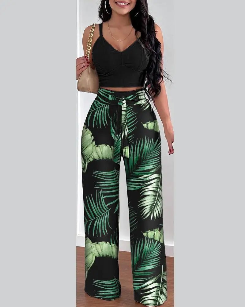 2 Piece Outfits For Women 2025 Sexy V - Neck Strap Shirred Slim Crop Top & Lace - up Wide Leg Pants Sets Elegant Office Lady Suit - MAGUSTA BEAUTY