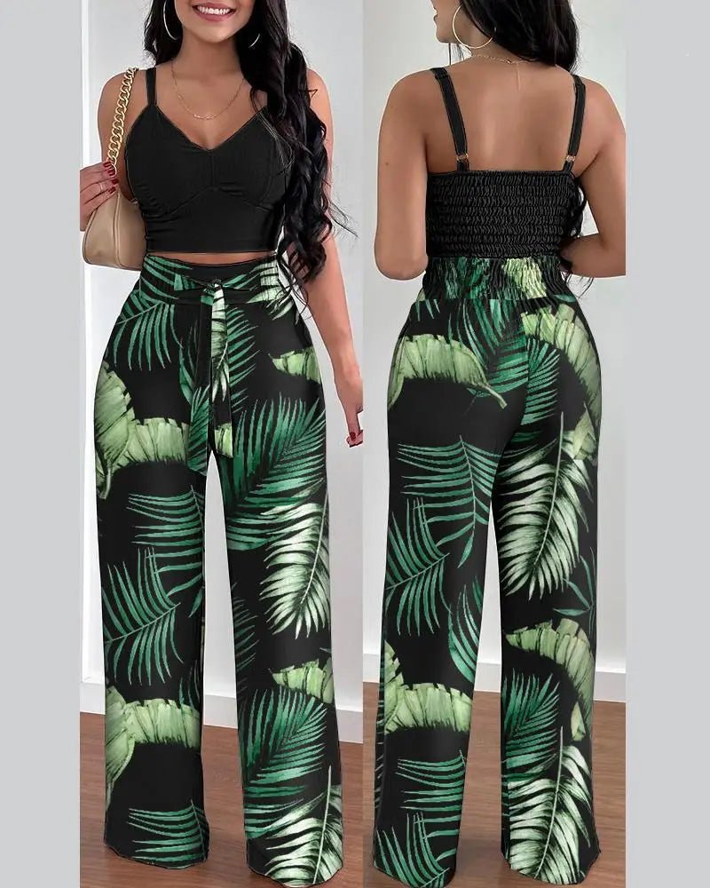 2 Piece Outfits For Women 2025 Sexy V - Neck Strap Shirred Slim Crop Top & Lace - up Wide Leg Pants Sets Elegant Office Lady Suit - MAGUSTA BEAUTY