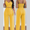 2 Piece Outfits For Women 2025 Sexy V - Neck Strap Shirred Slim Crop Top & Lace - up Wide Leg Pants Sets Elegant Office Lady Suit - MAGUSTA BEAUTY
