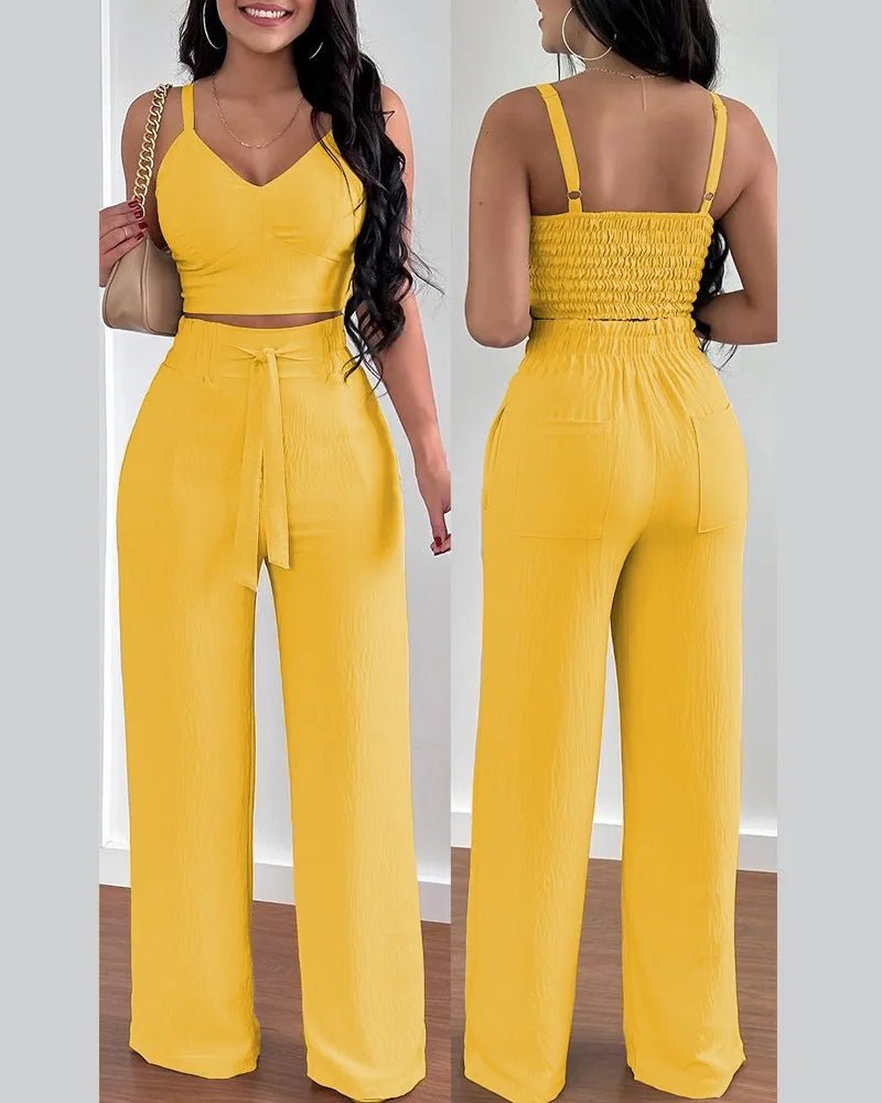 2 Piece Outfits For Women 2025 Sexy V - Neck Strap Shirred Slim Crop Top & Lace - up Wide Leg Pants Sets Elegant Office Lady Suit - MAGUSTA BEAUTY