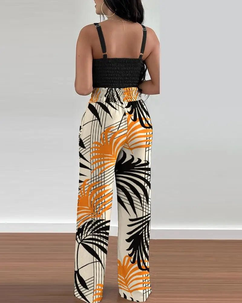 2 Piece Outfits For Women 2025 Sexy V - Neck Strap Shirred Slim Crop Top & Lace - up Wide Leg Pants Sets Elegant Office Lady Suit - MAGUSTA BEAUTY