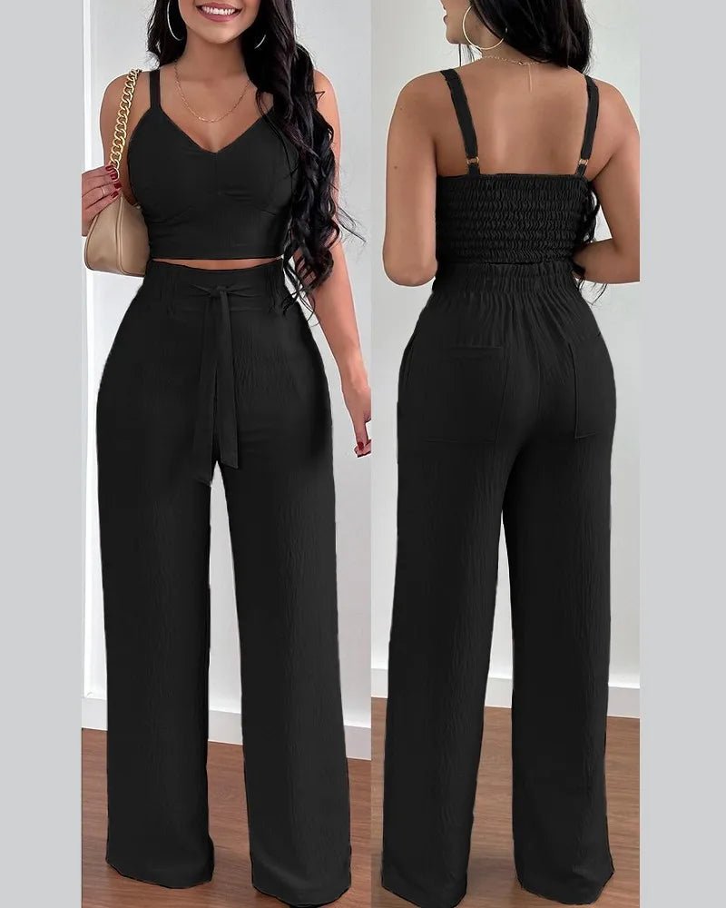 2 Piece Outfits For Women 2025 Sexy V - Neck Strap Shirred Slim Crop Top & Lace - up Wide Leg Pants Sets Elegant Office Lady Suit - MAGUSTA BEAUTY