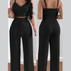 2 Piece Outfits For Women 2025 Sexy V - Neck Strap Shirred Slim Crop Top & Lace - up Wide Leg Pants Sets Elegant Office Lady Suit - MAGUSTA BEAUTY