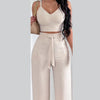 2 Piece Outfits For Women 2025 Sexy V - Neck Strap Shirred Slim Crop Top & Lace - up Wide Leg Pants Sets Elegant Office Lady Suit - MAGUSTA BEAUTY