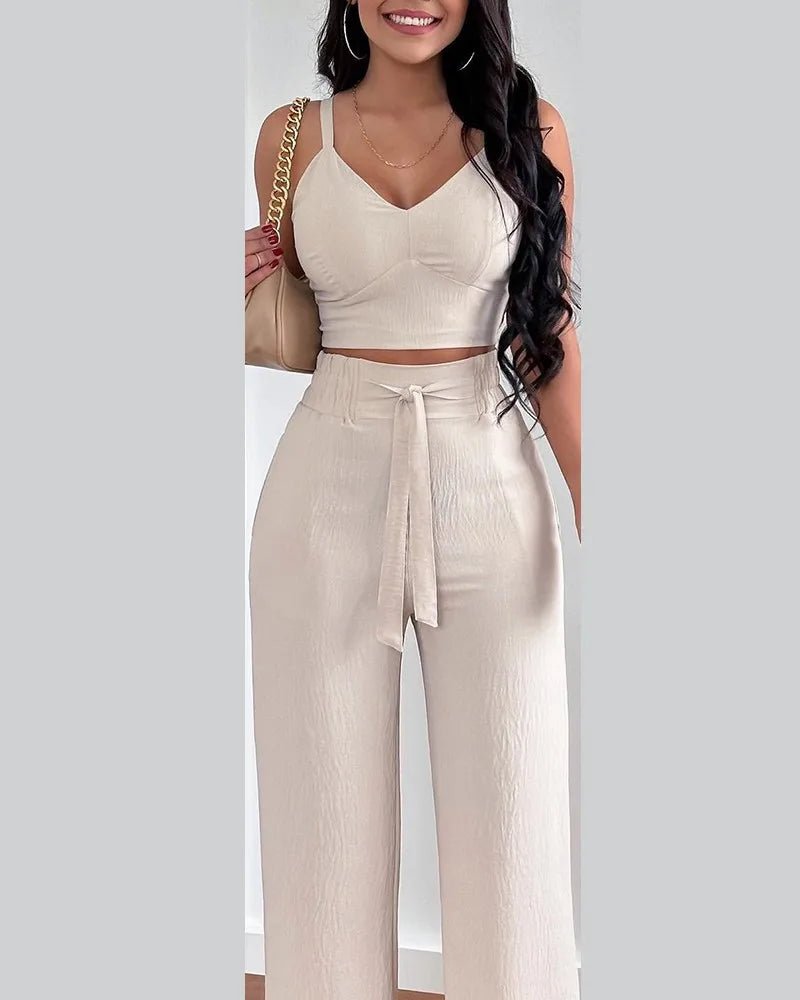 2 Piece Outfits For Women 2025 Sexy V - Neck Strap Shirred Slim Crop Top & Lace - up Wide Leg Pants Sets Elegant Office Lady Suit - MAGUSTA BEAUTY