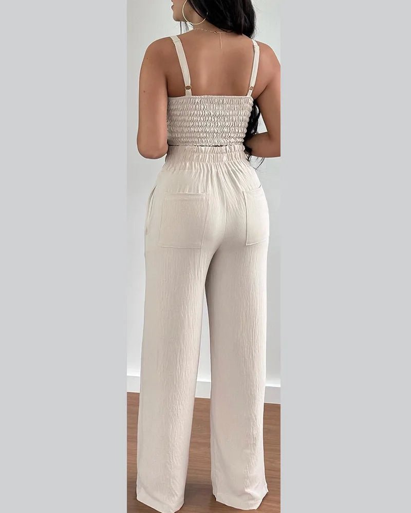 2 Piece Outfits For Women 2025 Sexy V - Neck Strap Shirred Slim Crop Top & Lace - up Wide Leg Pants Sets Elegant Office Lady Suit - MAGUSTA BEAUTY