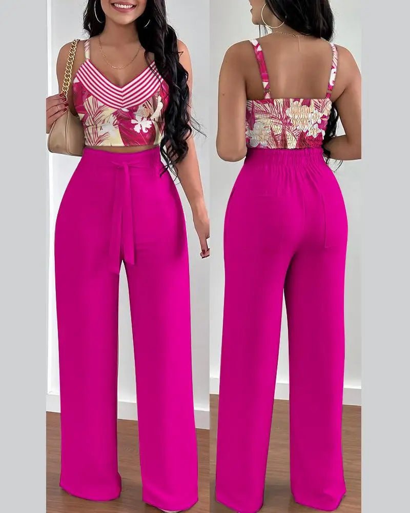 2 Piece Outfits For Women 2025 Sexy V - Neck Strap Shirred Slim Crop Top & Lace - up Wide Leg Pants Sets Elegant Office Lady Suit - MAGUSTA BEAUTY