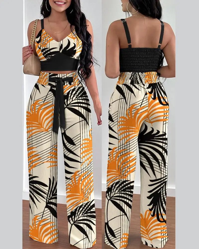 2 Piece Outfits For Women 2025 Sexy V - Neck Strap Shirred Slim Crop Top & Lace - up Wide Leg Pants Sets Elegant Office Lady Suit - MAGUSTA BEAUTY
