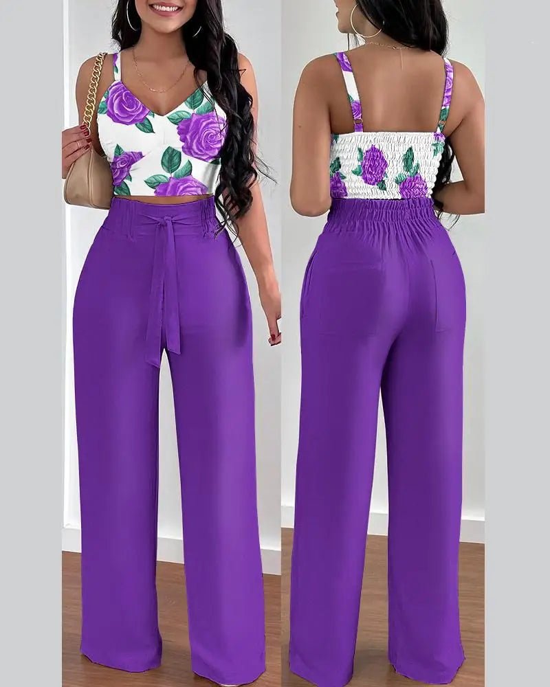 2 Piece Outfits For Women 2025 Sexy V - Neck Strap Shirred Slim Crop Top & Lace - up Wide Leg Pants Sets Elegant Office Lady Suit - MAGUSTA BEAUTY