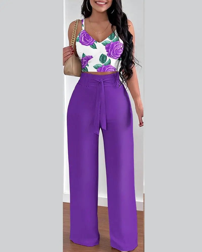 2 Piece Outfits For Women 2025 Sexy V - Neck Strap Shirred Slim Crop Top & Lace - up Wide Leg Pants Sets Elegant Office Lady Suit - MAGUSTA BEAUTY