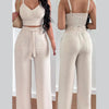 2 Piece Outfits For Women 2025 Sexy V - Neck Strap Shirred Slim Crop Top & Lace - up Wide Leg Pants Sets Elegant Office Lady Suit - MAGUSTA BEAUTY