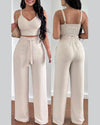 2 Piece Outfits For Women 2025 Sexy V - Neck Strap Shirred Slim Crop Top & Lace - up Wide Leg Pants Sets Elegant Office Lady Suit - MAGUSTA BEAUTY
