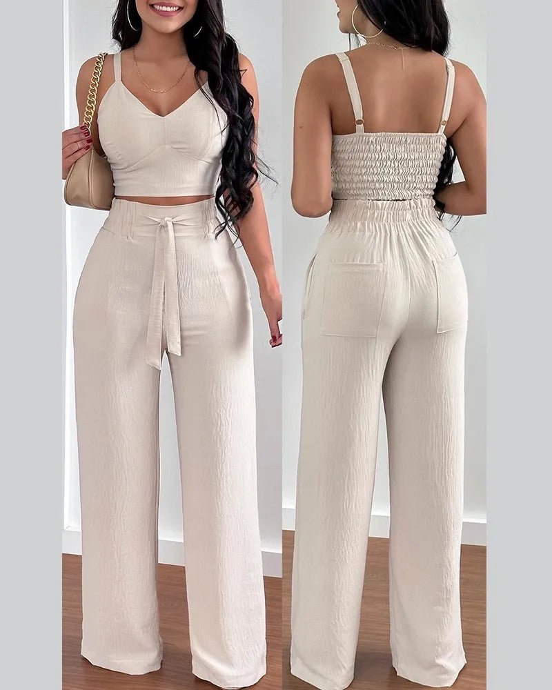 2 Piece Outfits For Women 2025 Sexy V - Neck Strap Shirred Slim Crop Top & Lace - up Wide Leg Pants Sets Elegant Office Lady Suit - MAGUSTA BEAUTY