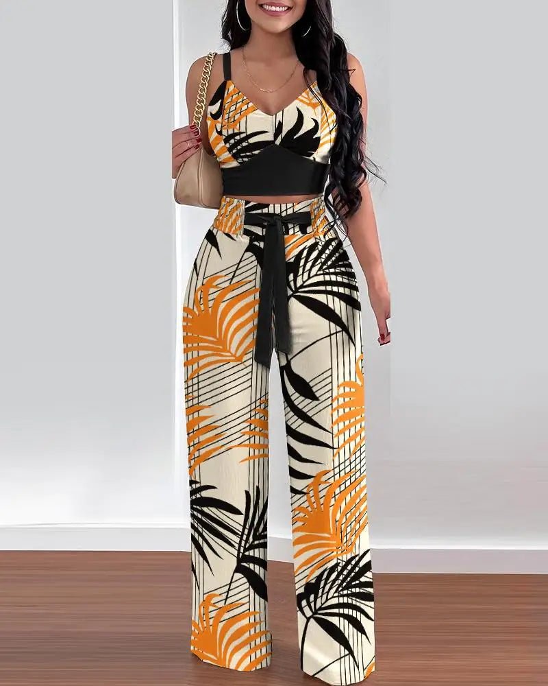 2 Piece Outfits For Women 2025 Sexy V - Neck Strap Shirred Slim Crop Top & Lace - up Wide Leg Pants Sets Elegant Office Lady Suit - MAGUSTA BEAUTY