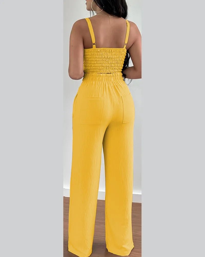 2 Piece Outfits For Women 2025 Sexy V - Neck Strap Shirred Slim Crop Top & Lace - up Wide Leg Pants Sets Elegant Office Lady Suit - MAGUSTA BEAUTY